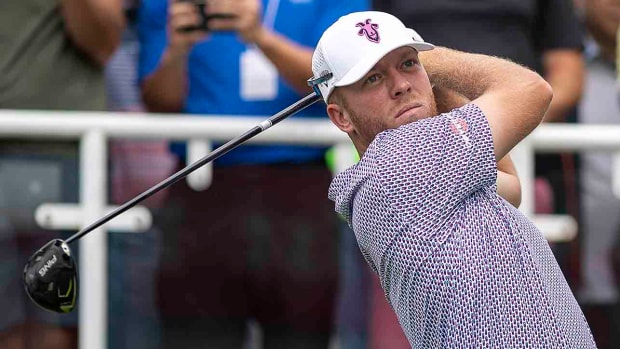 Talor Goochtees off during the first round of the 2023 Hong Kong Open at Hong Kong Golf Club.
